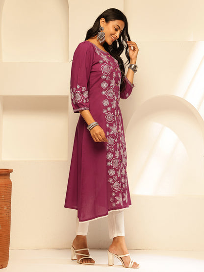Magenta Embroidery A-Line Cotton Kurta