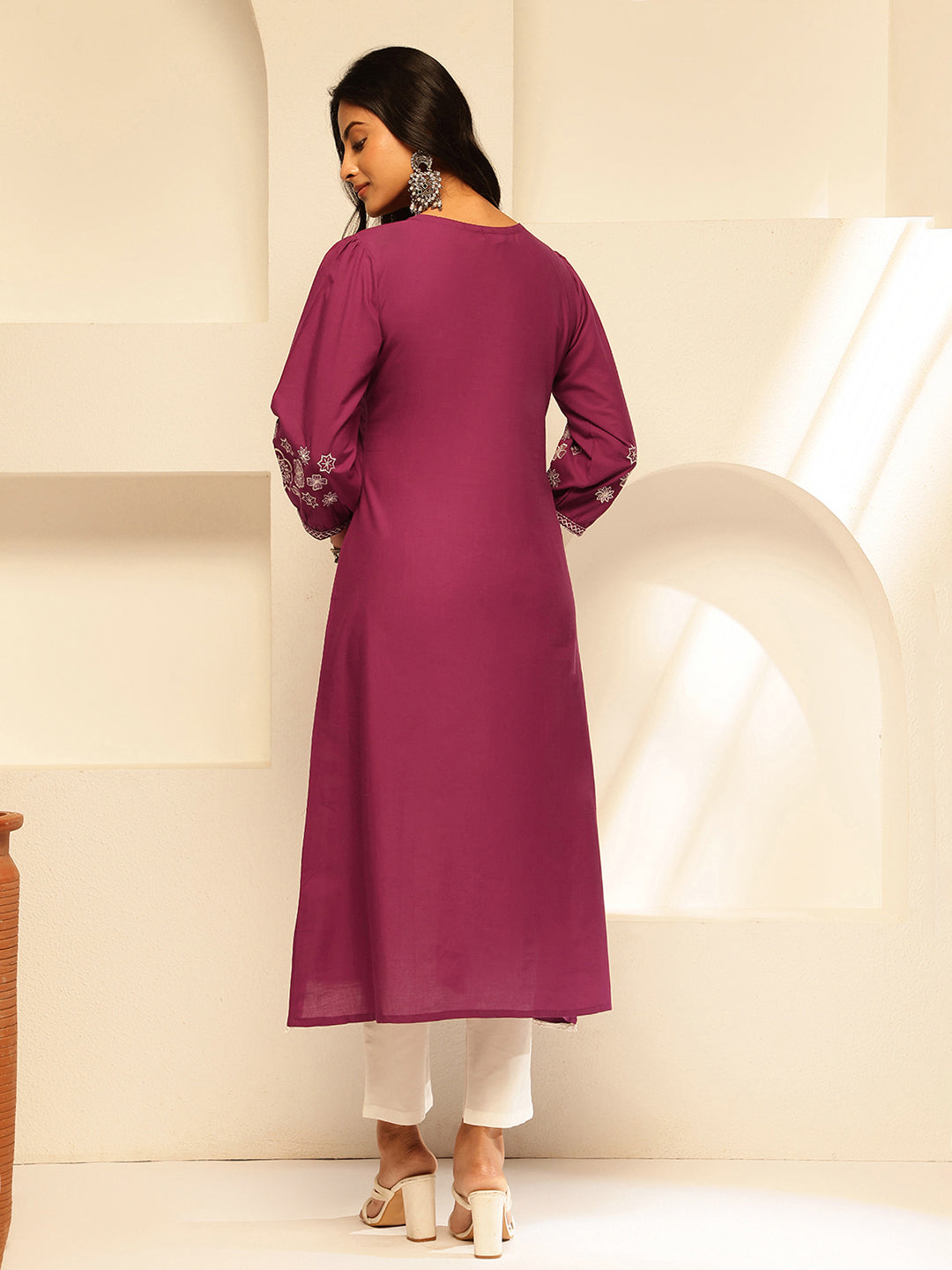 Magenta Embroidery A-Line Cotton Kurta