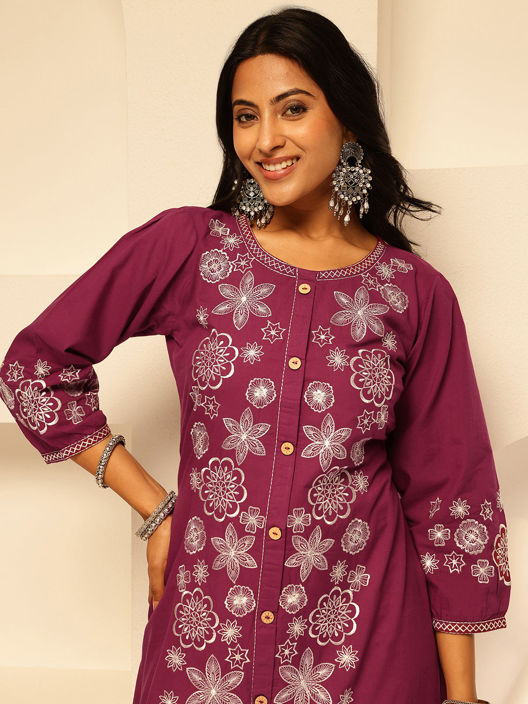 Magenta Embroidery A-Line Cotton Kurta