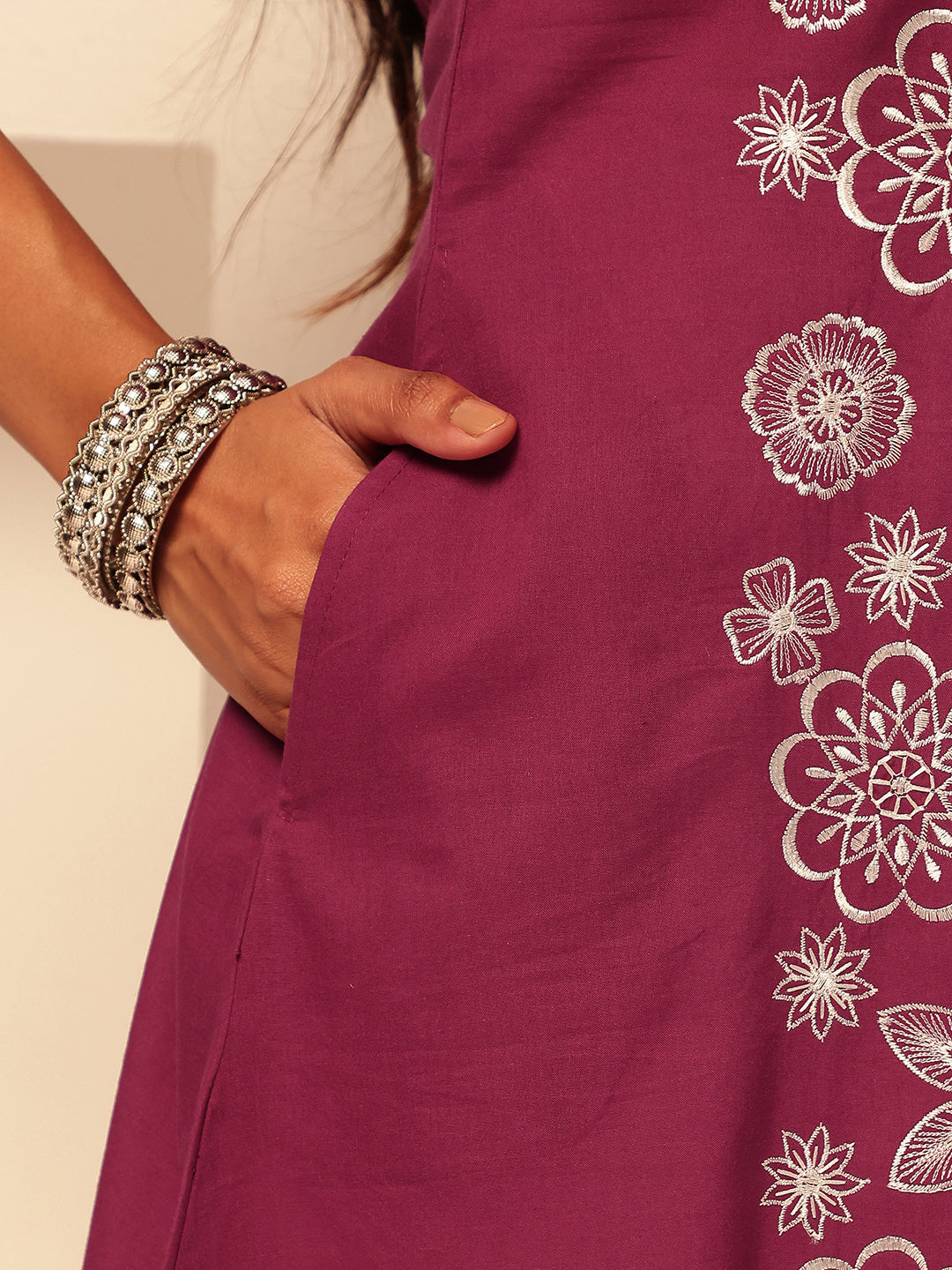 Magenta Embroidery A-Line Cotton Kurta