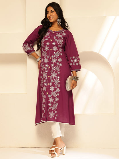Magenta Embroidery A-Line Cotton Kurta