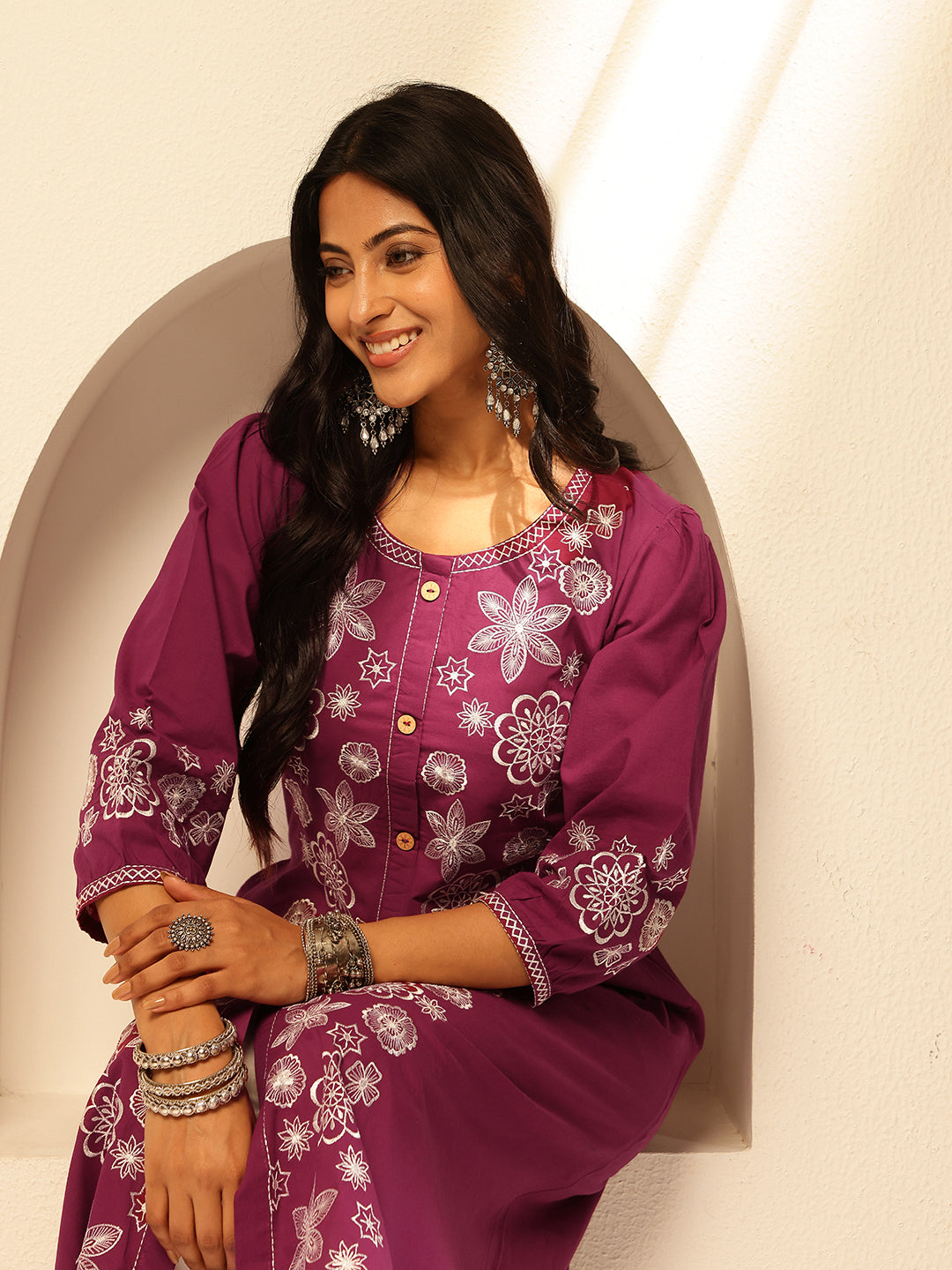 Magenta Embroidery A-Line Cotton Kurta