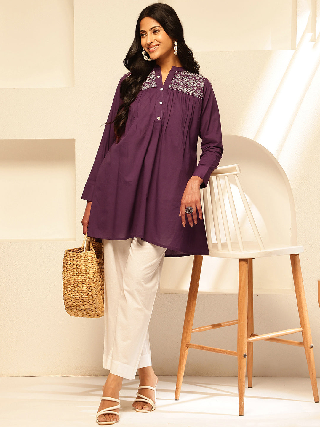 Purple Solid Fit and Flare Cotton Tunic Top