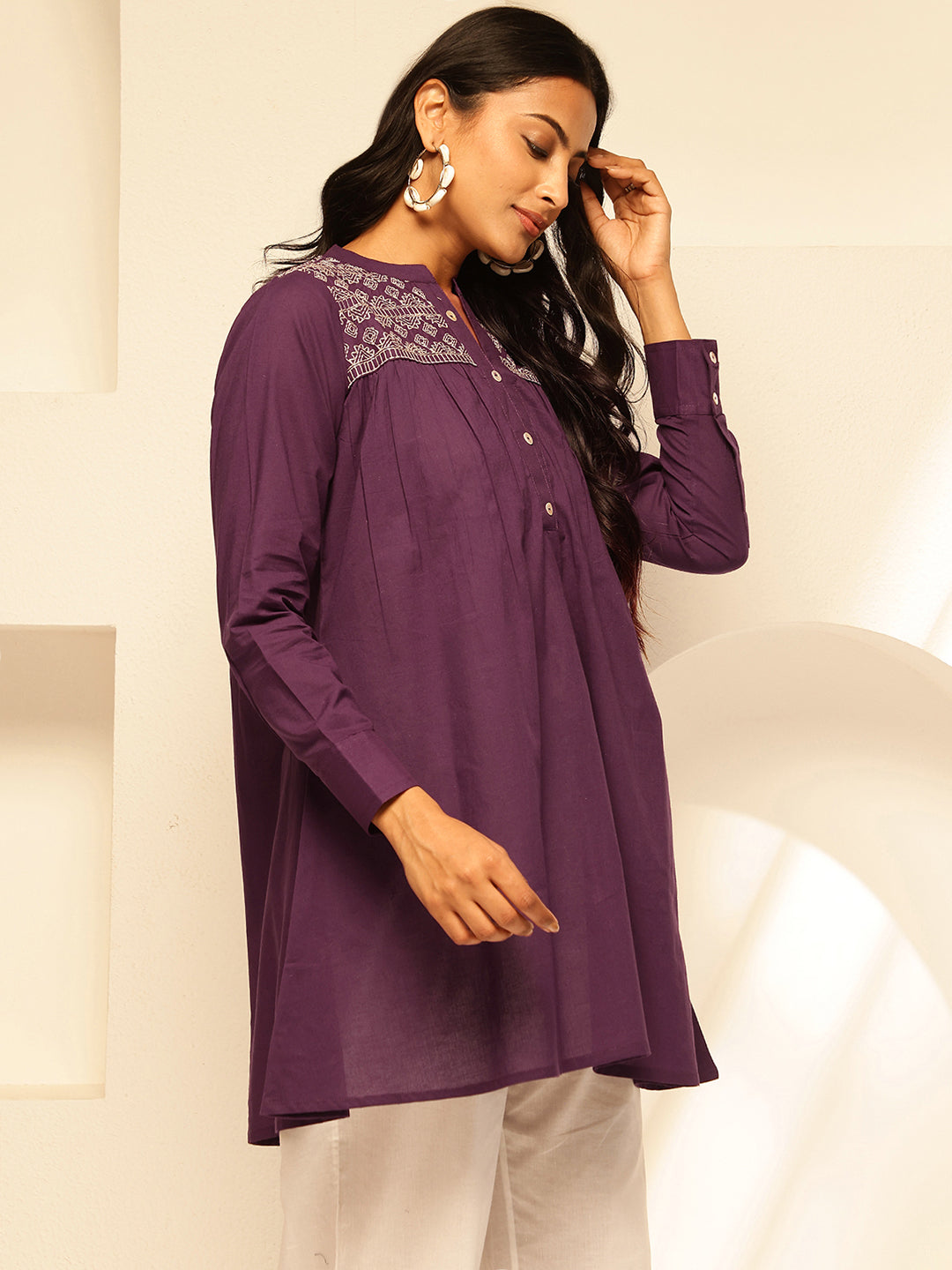 Purple Solid Fit and Flare Cotton Tunic Top