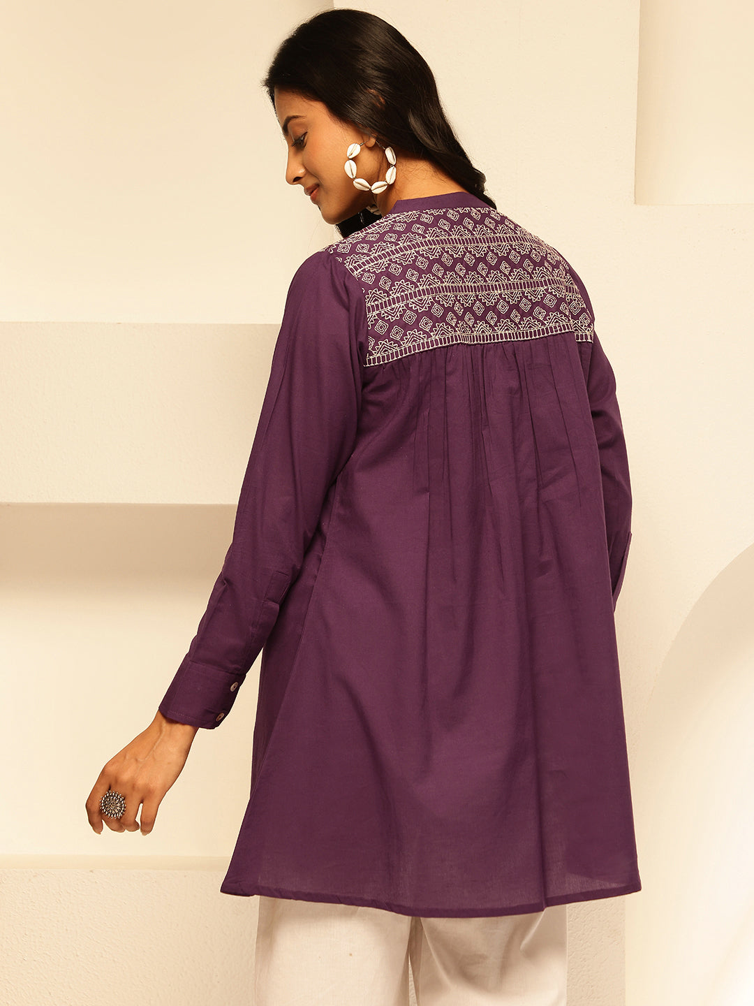 Purple Solid Fit and Flare Cotton Tunic Top