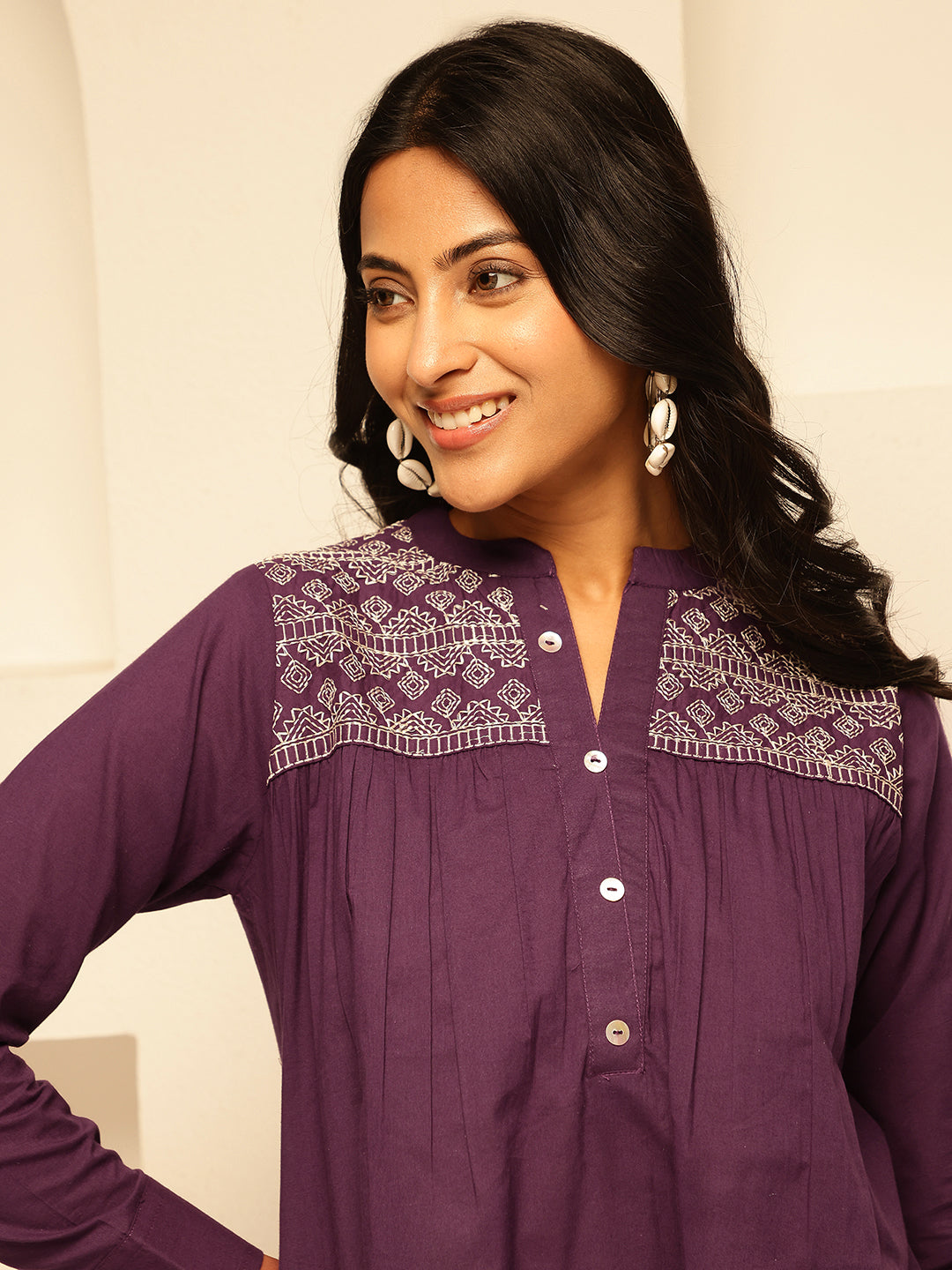 Purple Solid Fit and Flare Cotton Tunic Top