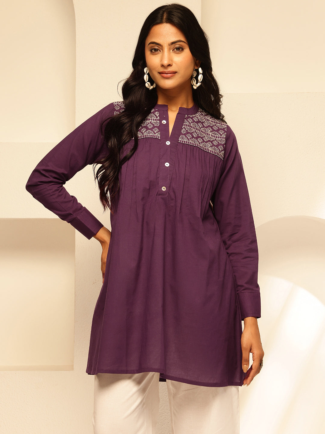 Purple Solid Fit and Flare Cotton Tunic Top