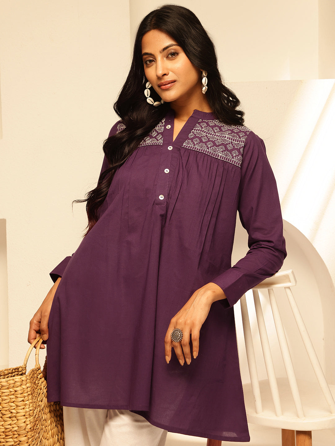 Purple Solid Fit and Flare Cotton Tunic Top