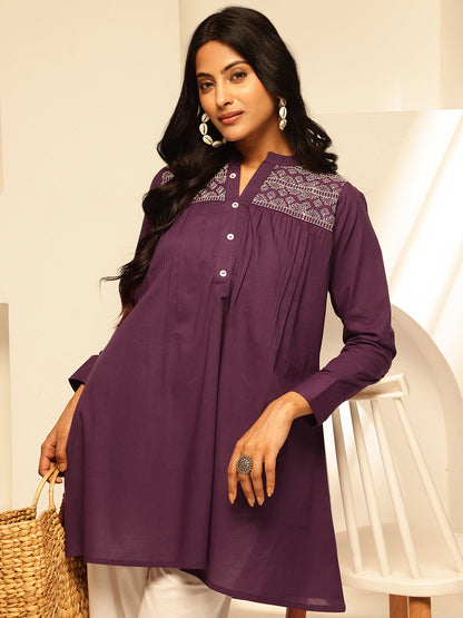 Purple Solid Fit and Flare Cotton Tunic Top
