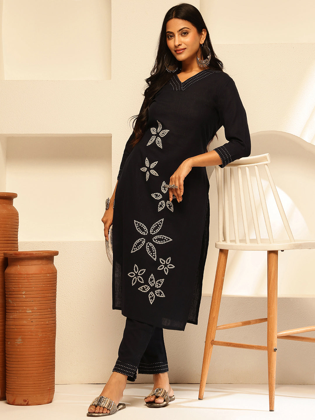 Black Cotton embroidery Print Straight Kurta Set