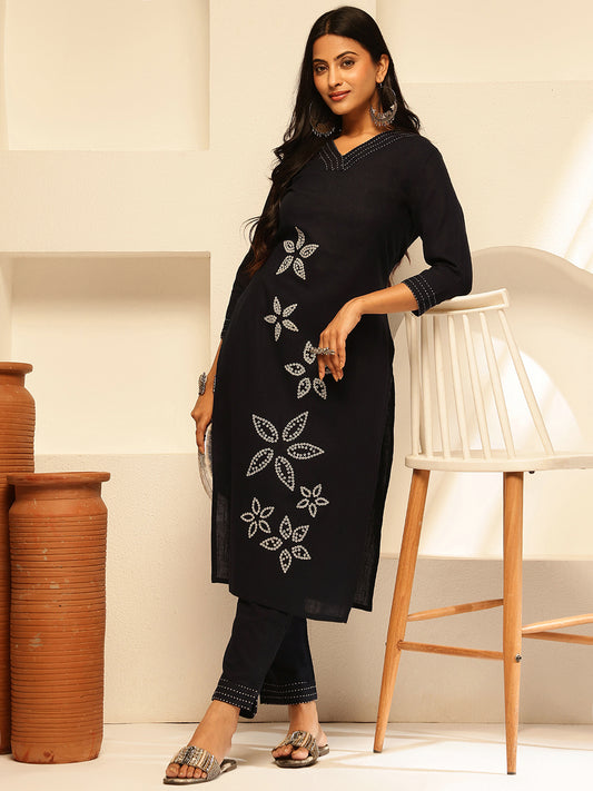 Black Cotton embroidery Print Straight Kurta Set