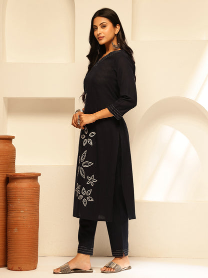 Black Cotton embroidery Print Straight Kurta Set
