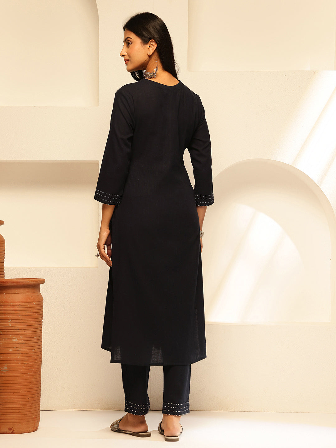 Black Cotton embroidery Print Straight Kurta Set