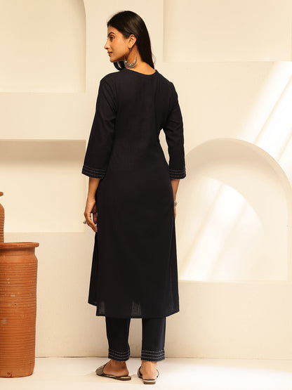 Black Cotton embroidery Print Straight Kurta Set