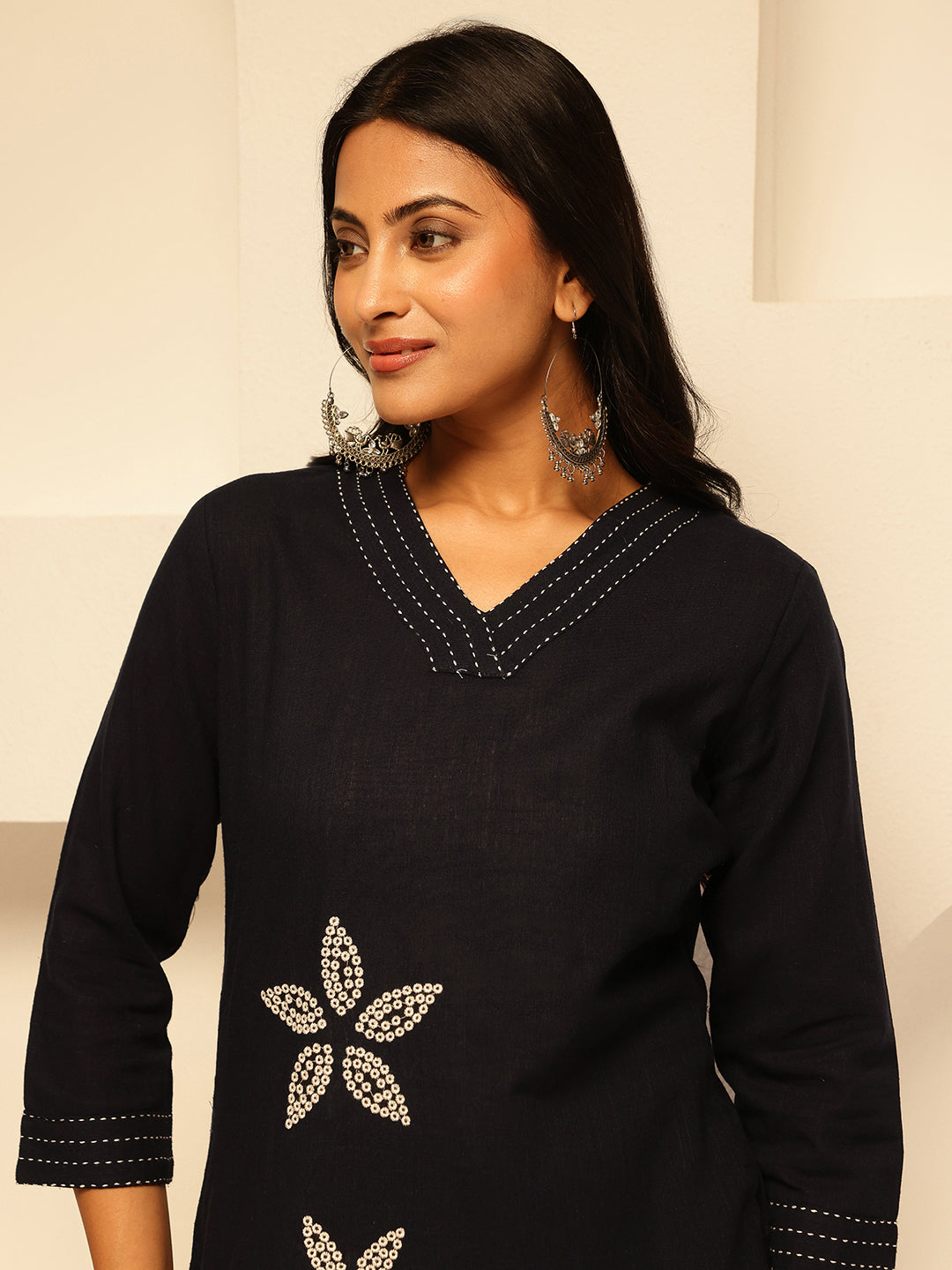 Black Cotton embroidery Print Straight Kurta Set