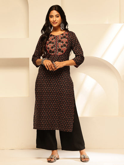 Black Floral Printed Straight Cotton Kurta