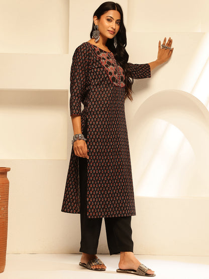 Black Floral Printed Straight Cotton Kurta