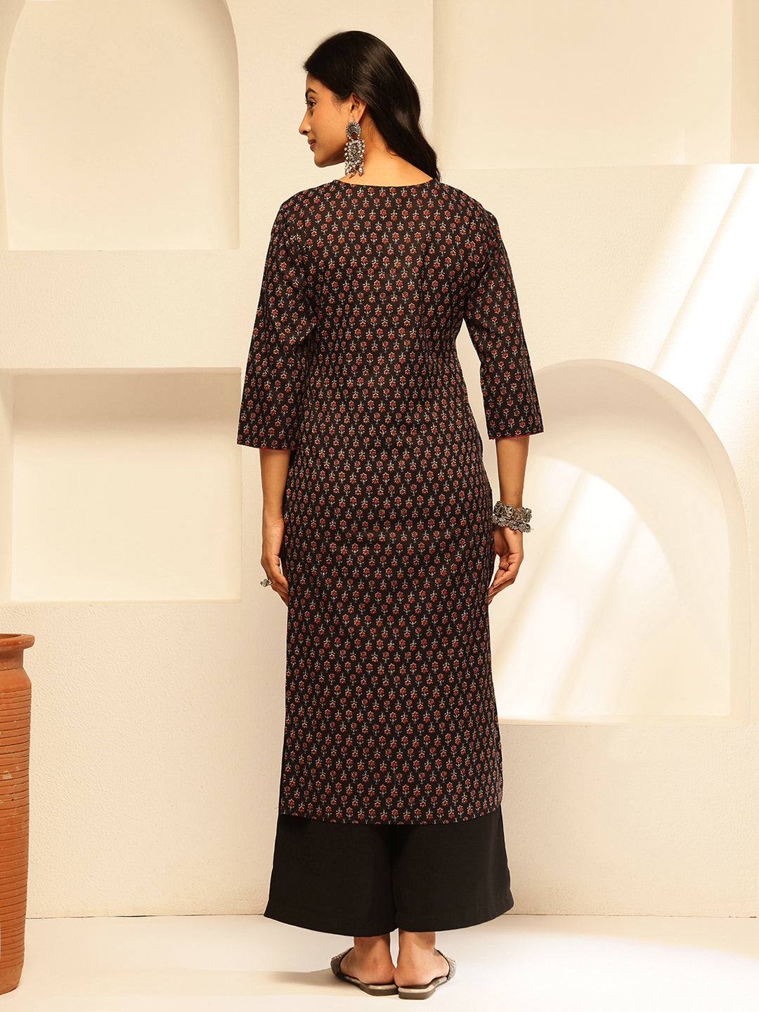 Black Floral Printed Straight Cotton Kurta