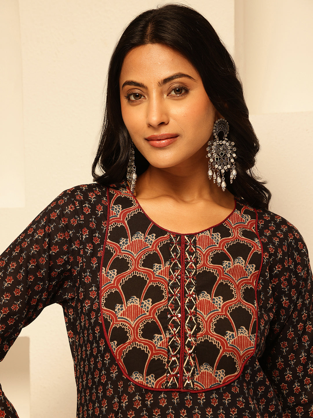 Black Floral Printed Straight Cotton Kurta