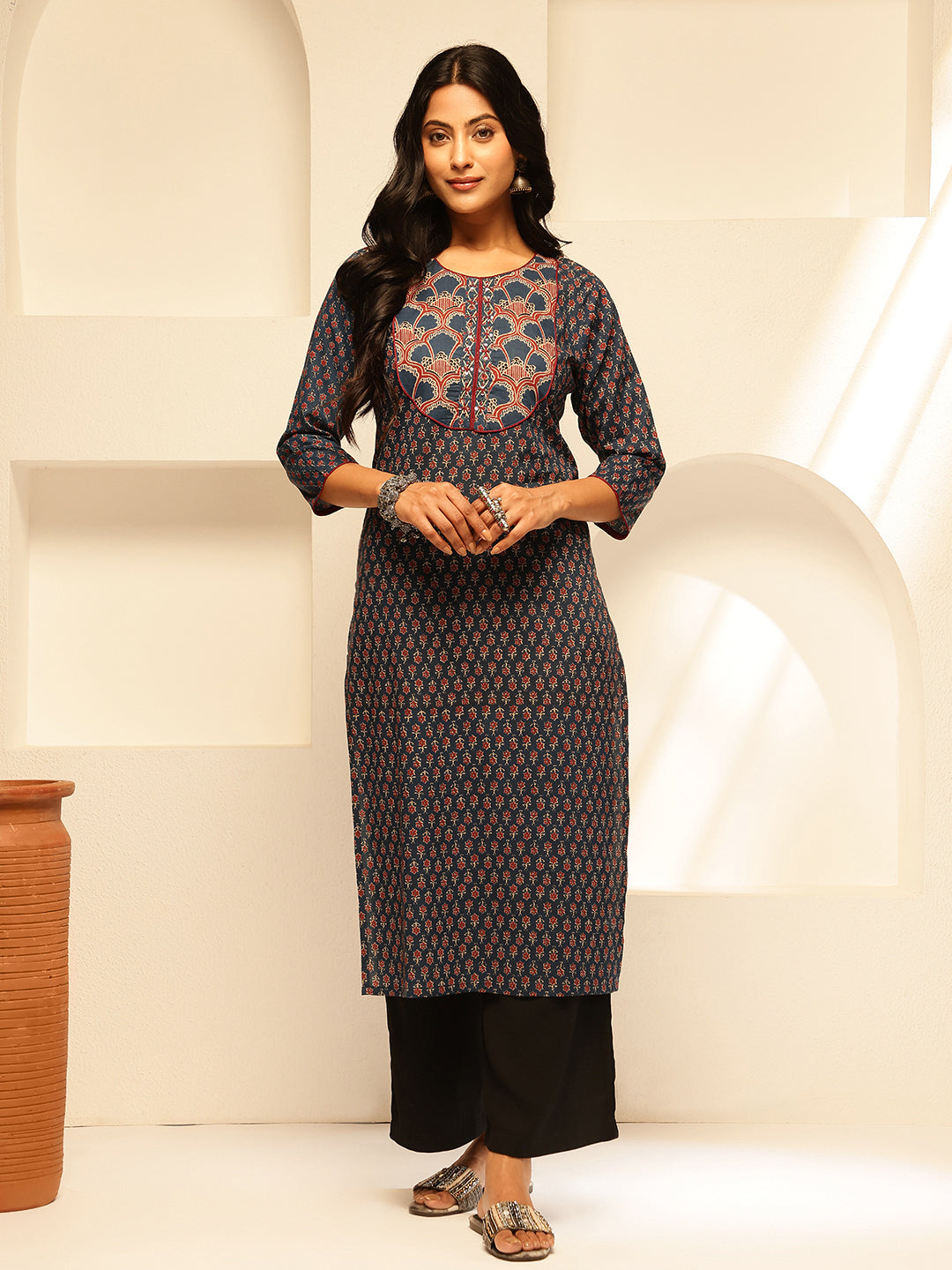 Blue Floral Printed Straight Cotton Kurta