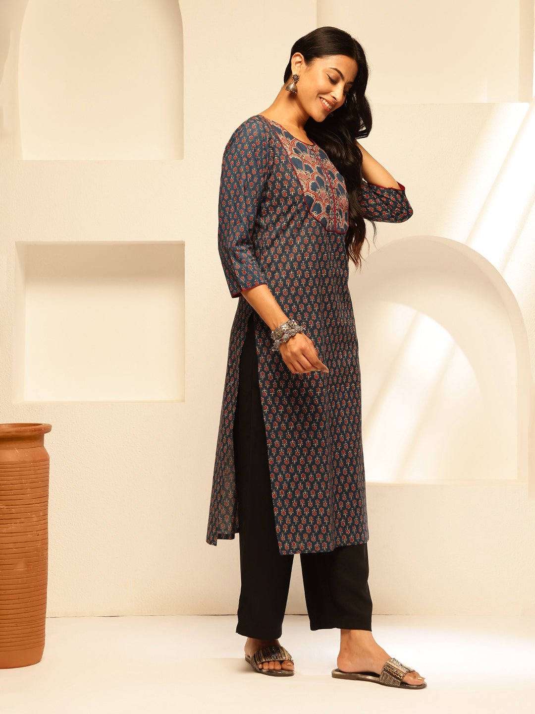 Blue Floral Printed Straight Cotton Kurta