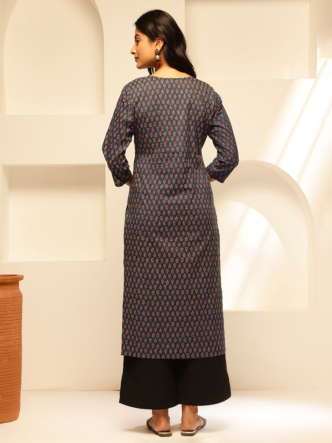 Blue Floral Printed Straight Cotton Kurta