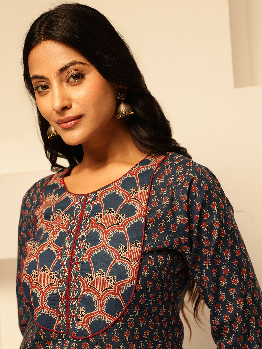 Blue Floral Printed Straight Cotton Kurta