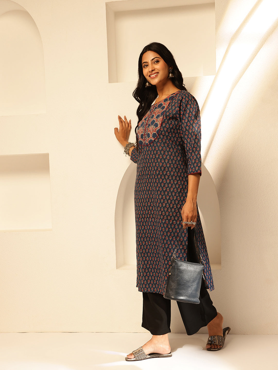Blue Floral Printed Straight Cotton Kurta