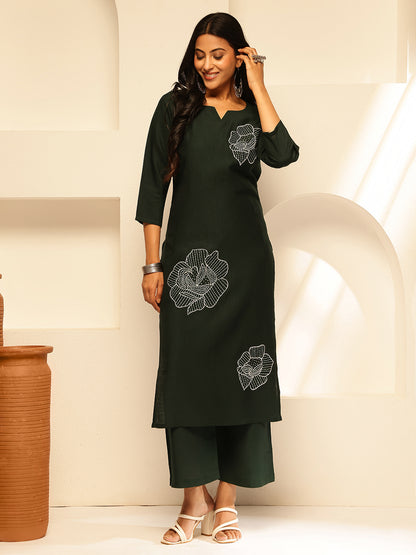 Green Cotton Silk Floral Print Straight Kurta Set
