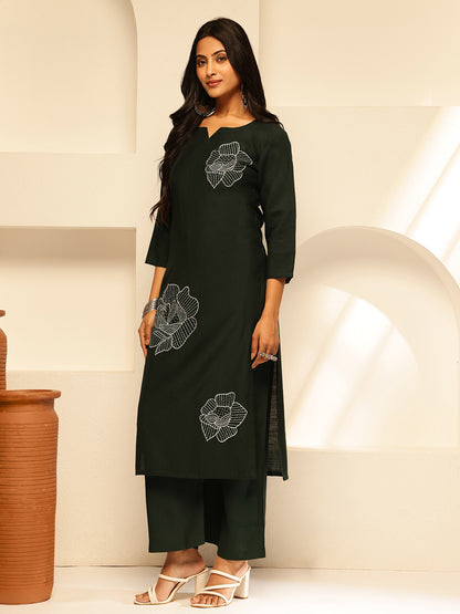 Green Cotton Silk Floral Print Straight Kurta Set