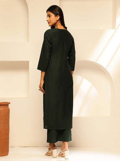 Green Cotton Silk Floral Print Straight Kurta Set