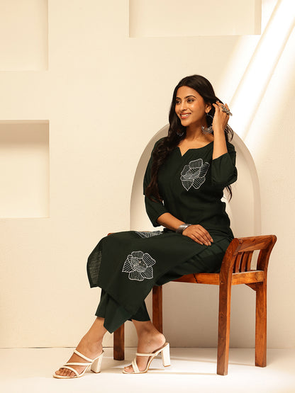 Green Cotton Silk Floral Print Straight Kurta Set