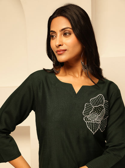 Green Cotton Silk Floral Print Straight Kurta Set