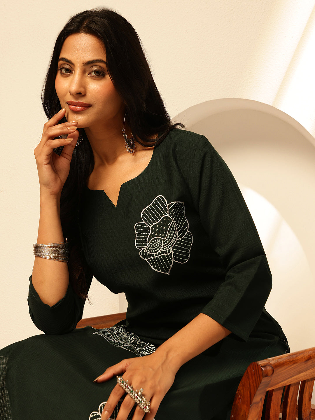 Green Cotton Silk Floral Print Straight Kurta Set