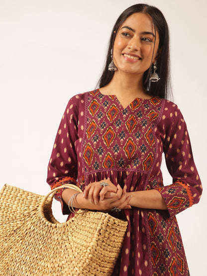 Burgundy Ikat Print Flared Cotton Tunic