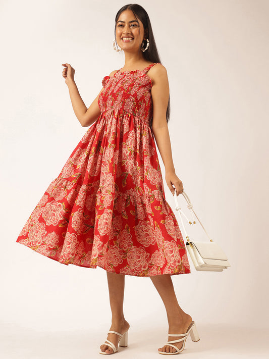 Red Floral Printed Flared Cotton Stitched Dress