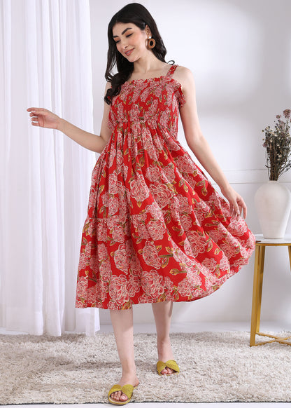 Red Floral Printed Flared Cotton Stitched Dress
