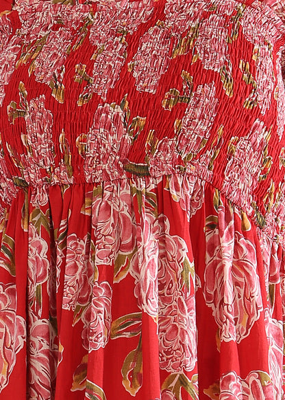 Red Floral Printed Flared Cotton Stitched Dress