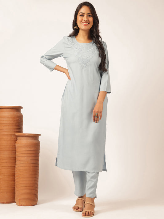 Sky blue Rayon Solid Straight Kurta Set