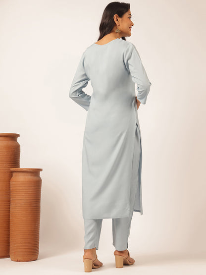 Sky blue Rayon Solid Straight Kurta Set