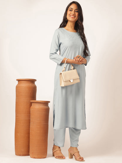 Sky blue Rayon Solid Straight Kurta Set