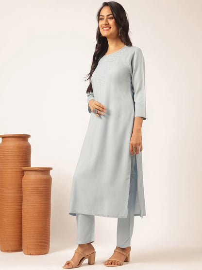 Sky blue Rayon Solid Straight Kurta Set