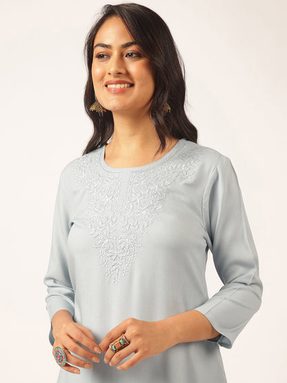 Sky blue Rayon Solid Straight Kurta Set