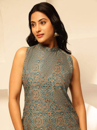 Aqua Geometric Printed Straight Cotton Kurta