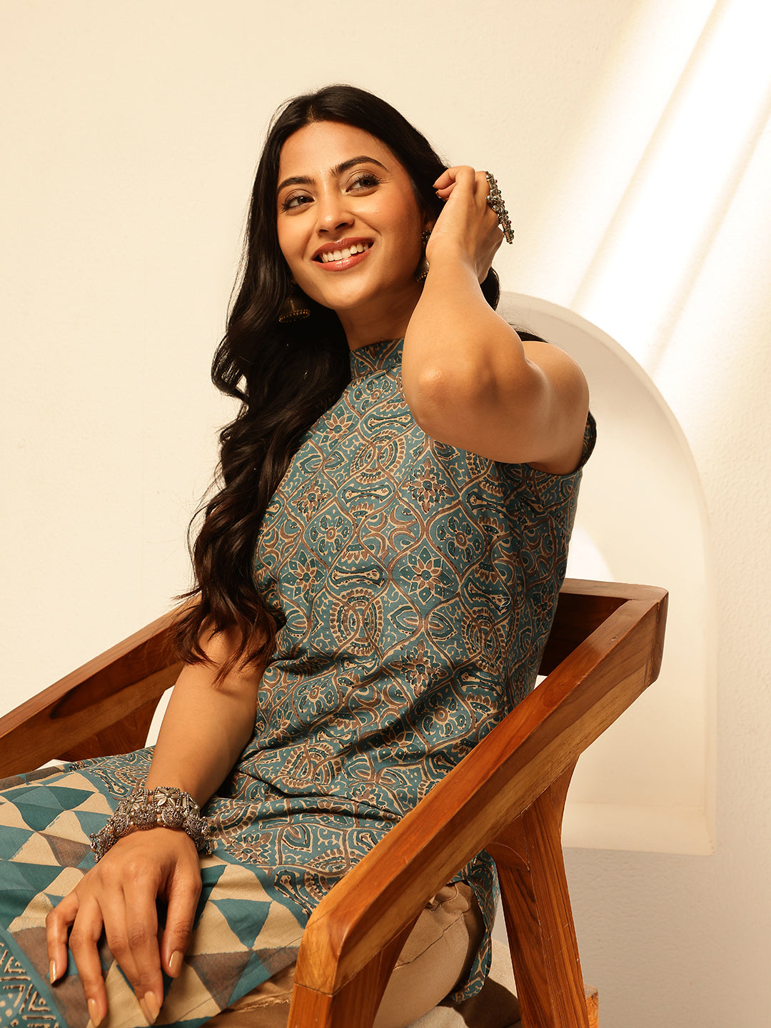 Aqua Geometric Printed Straight Cotton Kurta