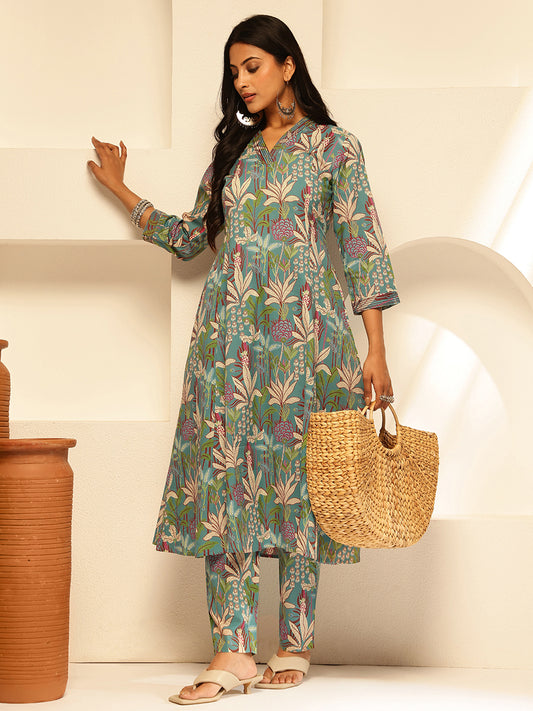 Sky Blue Cotton Floral Print A-Line Kurta Set