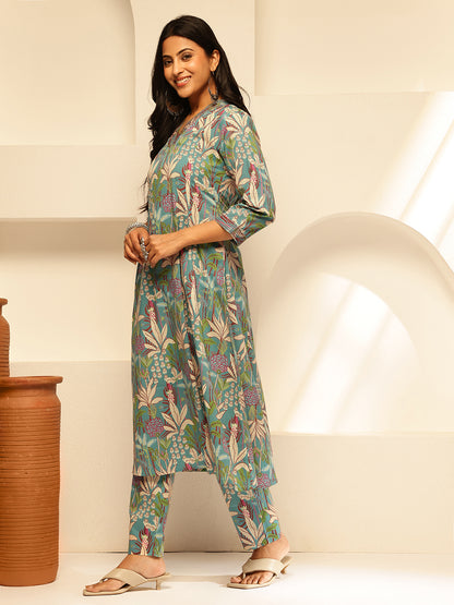 Sky Blue Cotton Floral Print A-Line Kurta Set