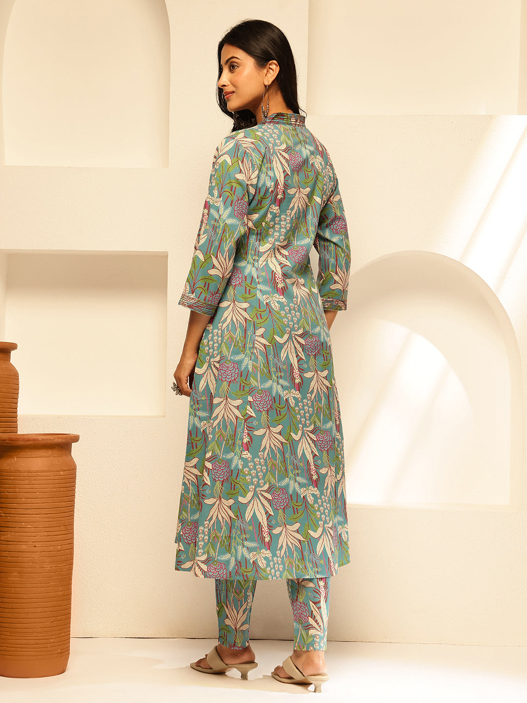 Sky Blue Cotton Floral Print A-Line Kurta Set