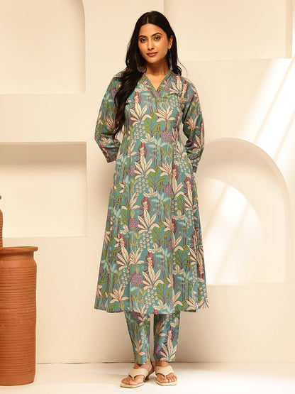 Sky Blue Cotton Floral Print A-Line Kurta Set