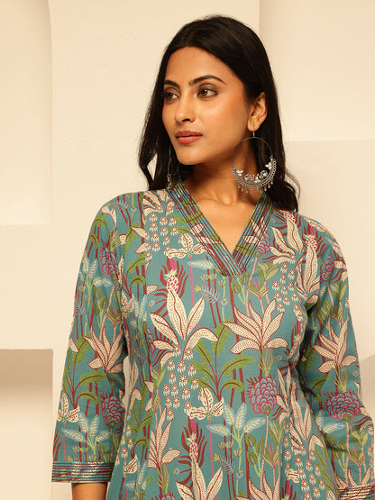 Sky Blue Cotton Floral Print A-Line Kurta Set